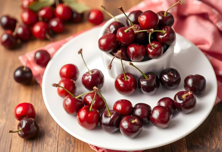 Juicy Fresh Cherries on a White Plate with Cherry Pitter Ready for Snacking or Baking