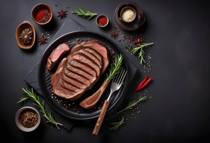 Juicy Grilled Ribeye Beef Steak with Herbs on Dark Table Top View with Free Text Area