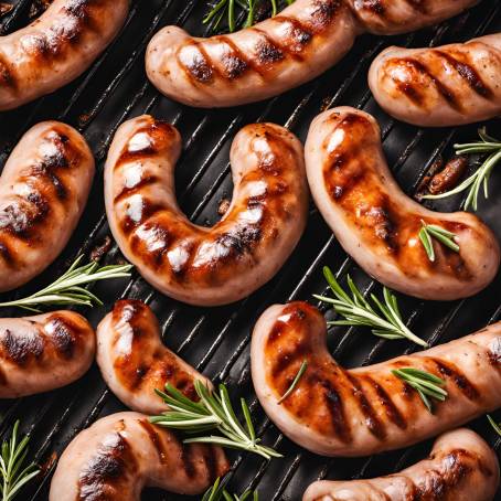 Juicy Grilled Sausage with Fresh Rosemary on Hot BBQ Dish  Summer Flavor