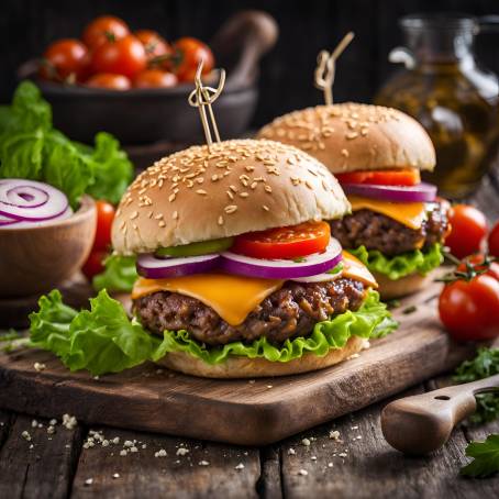 Juicy Homemade Hamburger Close Up with Crisp Vegetables