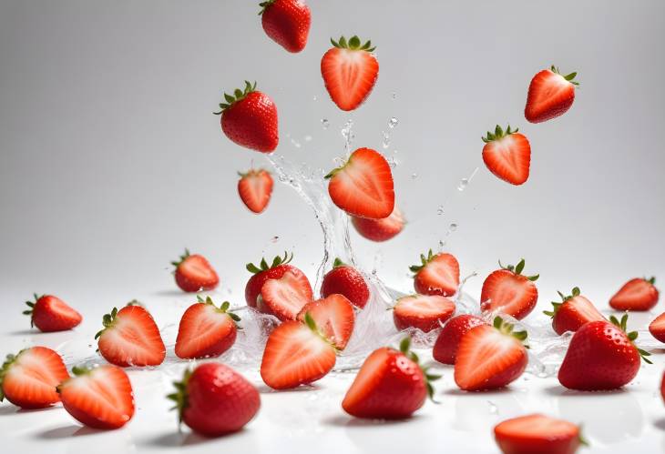 Juicy Ripe Strawberries Falling on White Background, Fresh and Vibrant