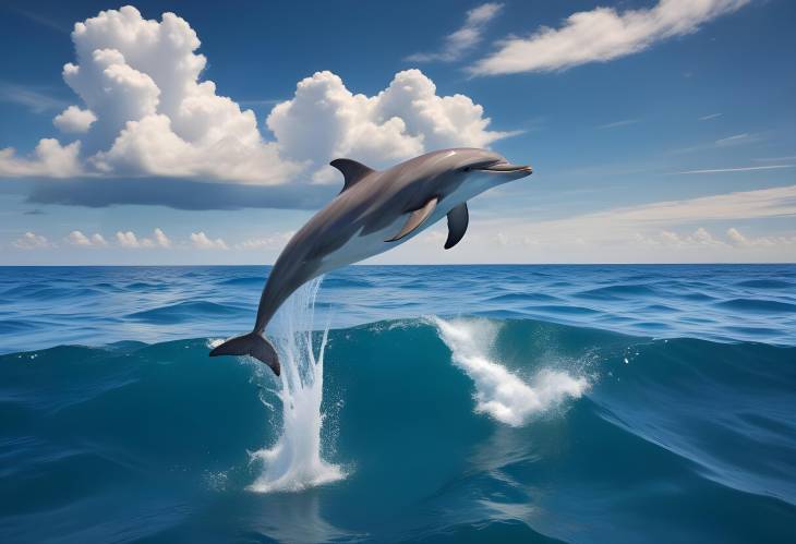 Jumping Dolphin Amidst Ocean Beauty Deep Waters and Majestic Cloudscape