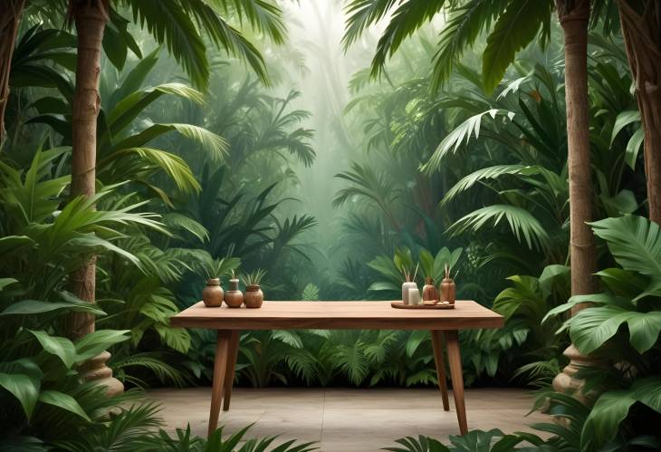 Jungle Style Table for Cosmetics Tropical Plants and Palms in Interior Decor