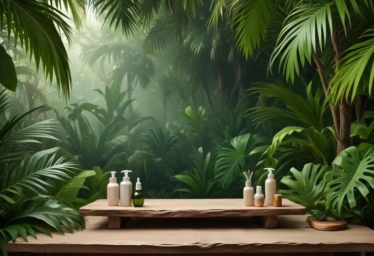 Jungle Themed Table Background Cosmetic Display Against Tropical Plants and Palms