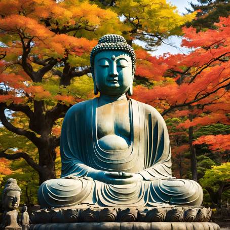 Kamakura Great Buddha Daibutsu in Autumn Ancient Bronze with Maple Leaves at Kotoku in Temple