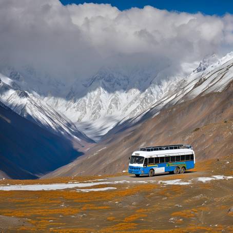 Khunjerab Pass Autumn Journey Tourist Bus Traversing Snow Covered Landscape on Pakistan China Border