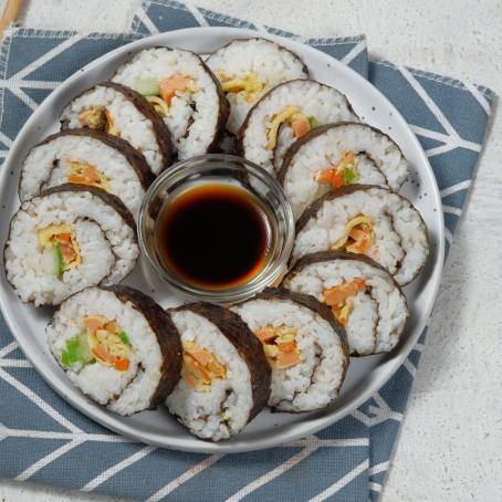 Kimbap Traditional Korean Rolls from Above, Isolated on White Background