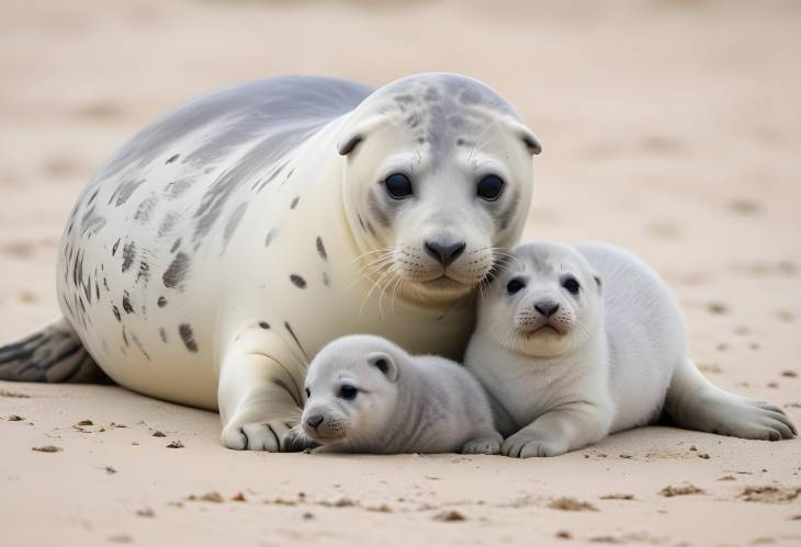 Kitten with Grey Seals on Helgoland Beach Mother and Baby in Schleswig Holstein, Germany