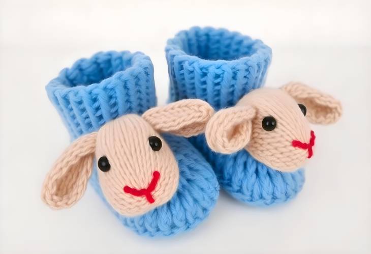 Knitted Blue Baby Booties with Adorable Rabbit Muzzle for Boys