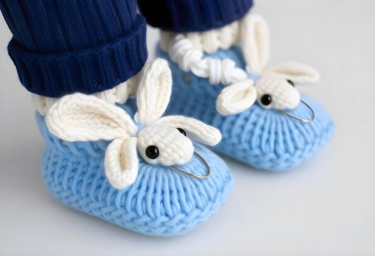 Knitted Blue Booties for Boys with Adorable Rabbit Muzzle