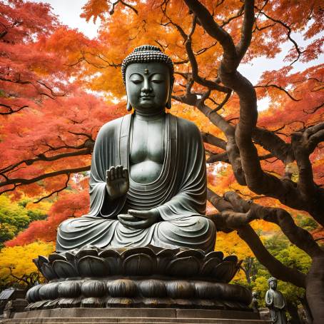 Kotoku in Temples Great Buddha Daibutsu Ancient Bronze Amidst Autumn Maple Leaves in Japan