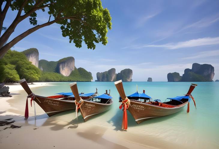 Krabi Island Beautiful Tropical Beach with Long Tail Boats and Scenic Views in Thailand