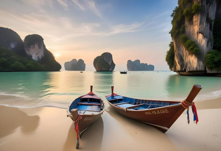 Krabi Islands Beach Beautiful Long Tail Boats and Tropical Scenery in Thailand