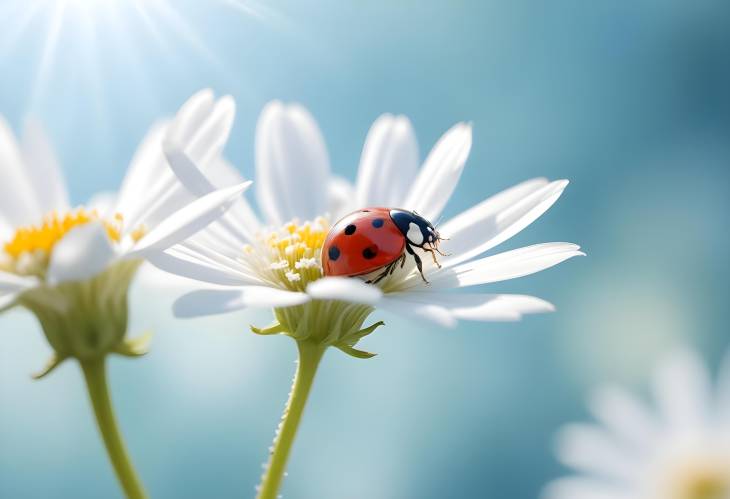 Ladybug on White Bloom with Light Blue Backdrop