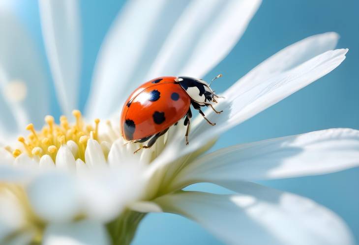 Ladybug on White Flower in Light Blue Rays