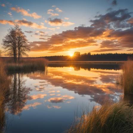 Lake Coast Sunset Northern European Nature Scene with Blue Sky and Sunlight