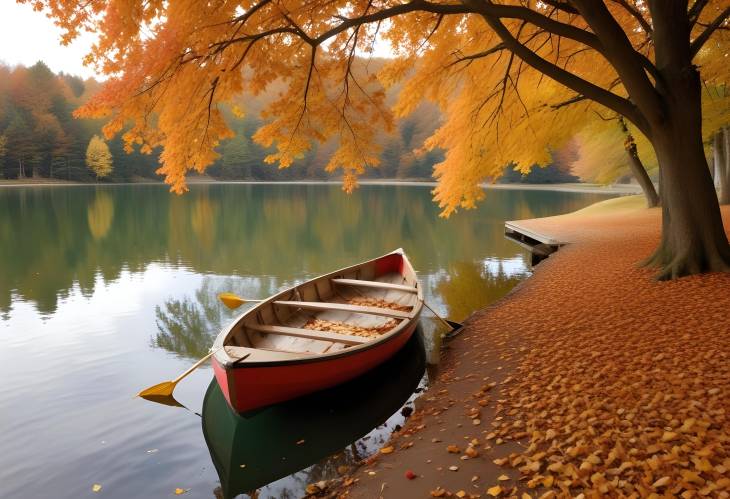 Lake in Autumn Paddle Boat and Footprints Among Fall Leaves and Vibrant Scenery