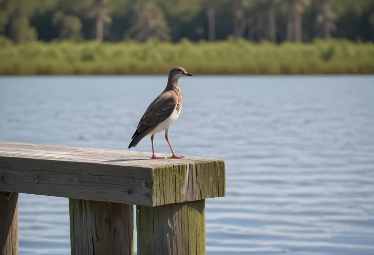 Lake Jesup and Bird Perched on Pier Railing in Oviedo