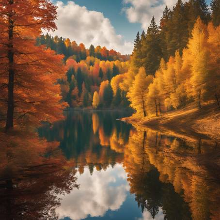 Lake View in Autumn A Canvas of Golden Leaves and Vibrant Forest Colors