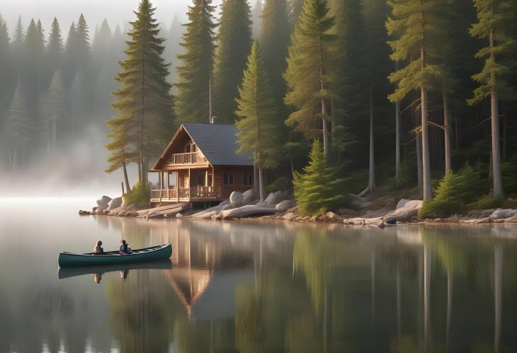 Lakeside Cabin with Pine Trees, Canoe Docked at the Shore, and Rising Mist Over the Water