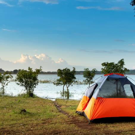 Lakeside Camping with Tent and Beautiful Natural Surroundings