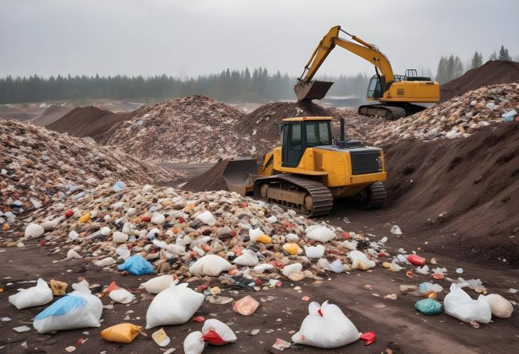 Landfill Waste Management Bulldozer and Trash Disposal at Garbage Dump with Plastic Bags