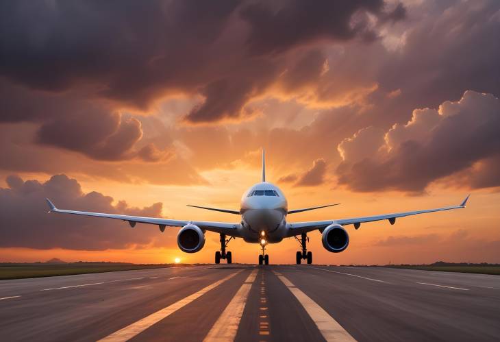 Landing Plane at Sunset with Cloudy Background