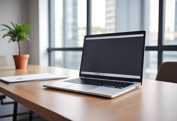 Laptop on table with blank screen, set in an office background, perfect for work or presentations