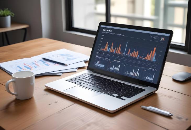 Laptop on wooden table displaying business charts and graphs, ideal for accounting and statistical