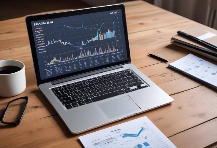 Laptop on wooden table displaying charts and graphs, ideal for financial analysis and business stra