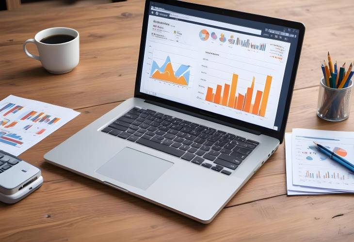 Laptop on wooden table showing charts and graphs, perfect for business analysis and data statistics