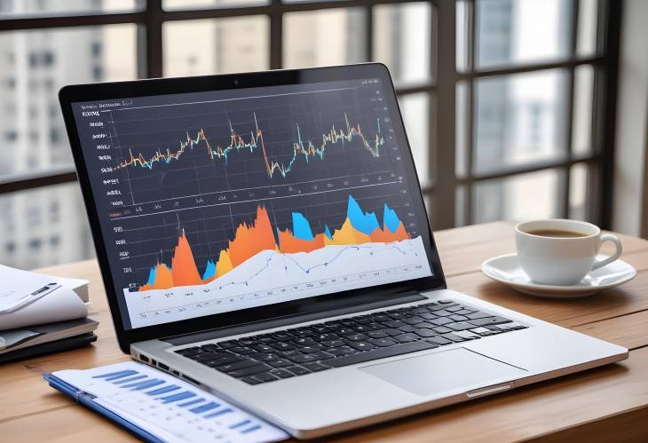 Laptop on wooden table with charts and graphs displayed, ideal for financial analysis and business