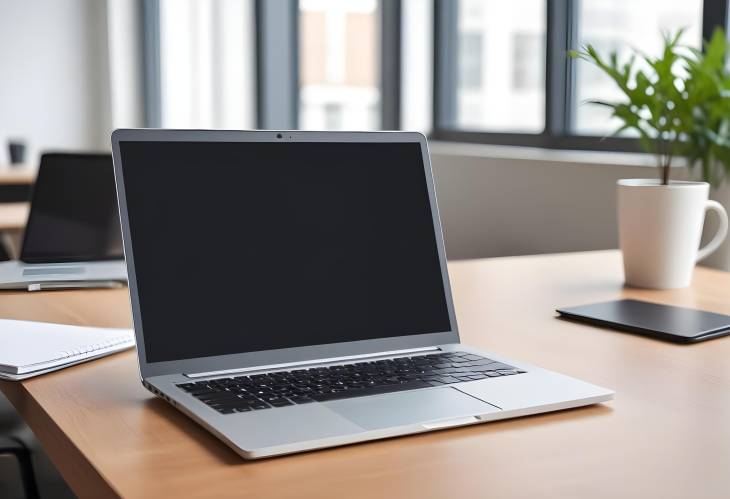 Laptop with blank screen on table, set in an office background, ready for work or presentations