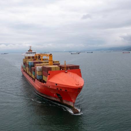 Large Container Ship Navigating Open Ocean Aerial View