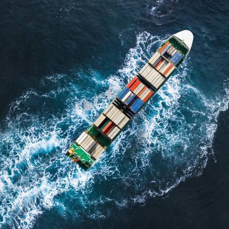 Large Container Ship Over Ocean, Aerial Perspective