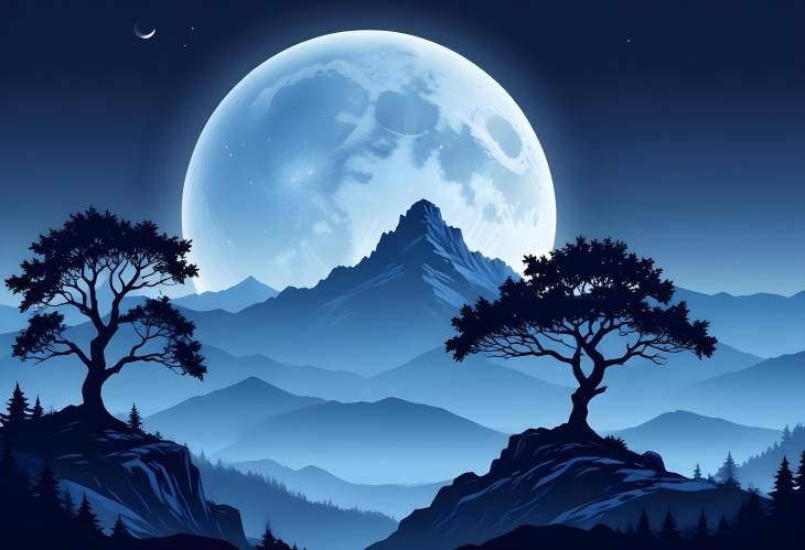 Large Moon Over Blue Mountain Vector Landscape with Tree Silhouette and Clear Sky