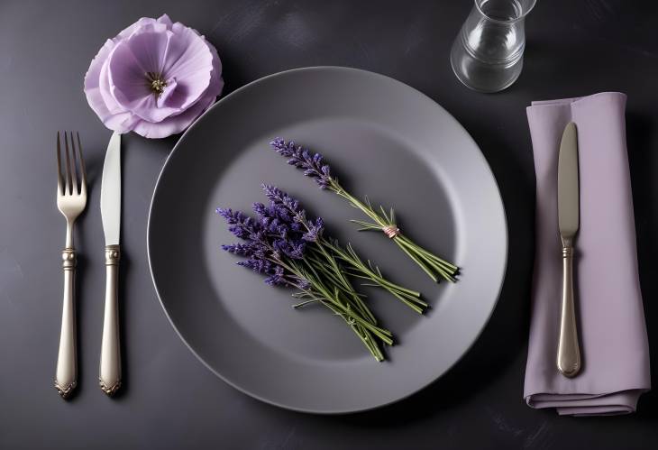 Lavender and napkin decor on minimalist gray plate in dark setting