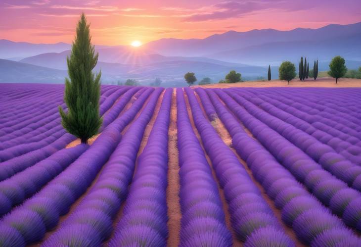 Lavender Fields at Dusk Serene Sunset with a Soft Purple Hue