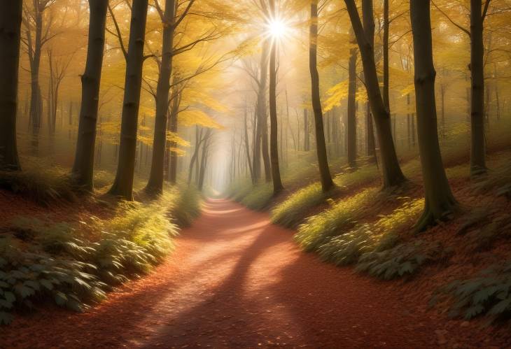 Leaf Covered Forest Trail with Autumn Foliage and Sunlight Through Trees