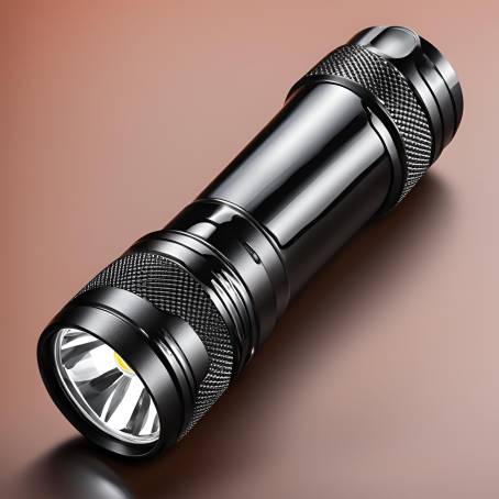 LED Flashlight Close Up Silver and Black Handle, Black Plastic Torch Head on White Surface