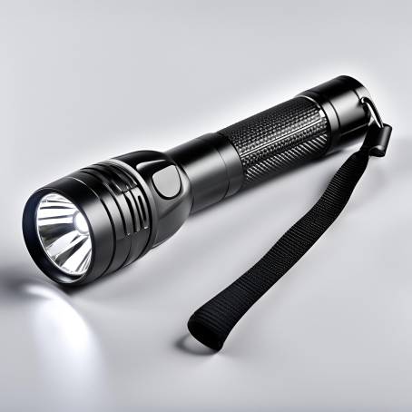 LED Flashlight Close Up Silver and Black Handle with Black Plastic Torch Head Isolated on White