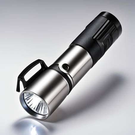 LED Flashlight with Silver and Black Handle Close Up of Black Plastic Torch Head on White 