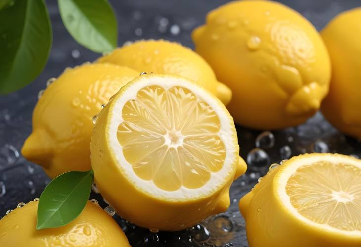 Lemons with Water Drops Close Up  Refreshing Citrus Fruit Background Photography