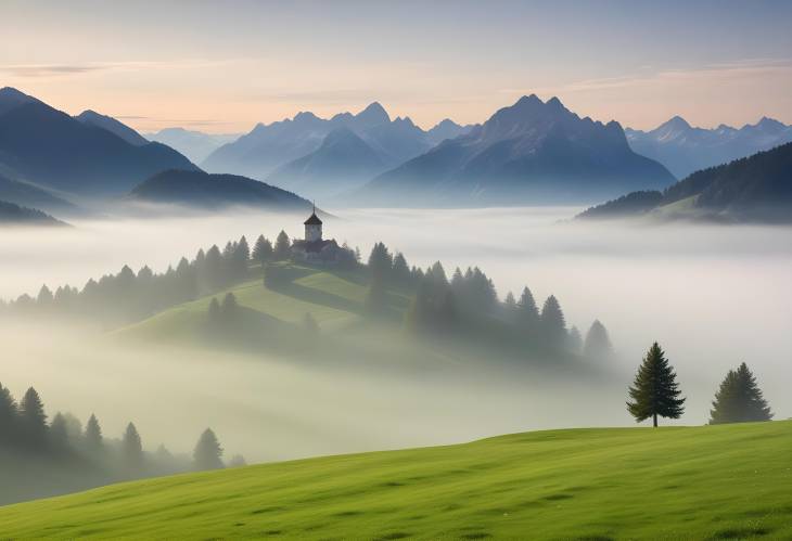 Lermoos Mountain and Meadows Grubigstein Peak Shrouded in Fog, Tyrol