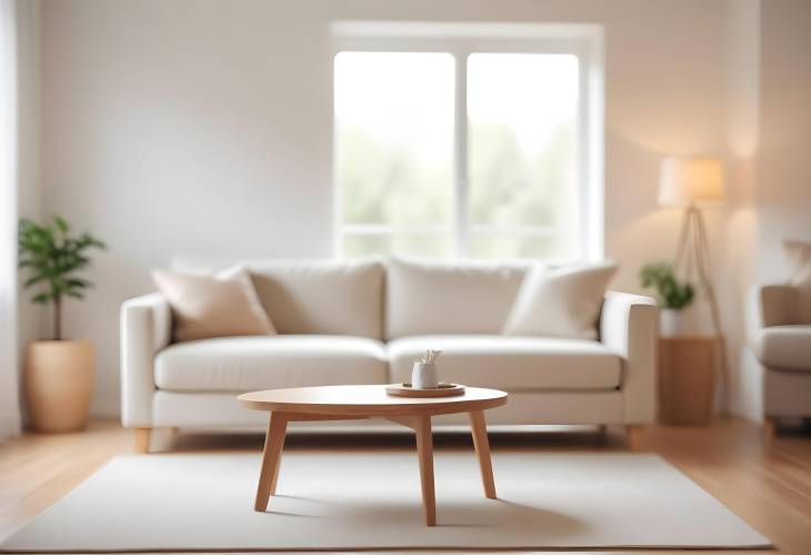 Light and Airy Living Room Blurred View of Sofa and Soft Bench Arrangement