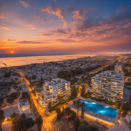 Limassol at sunset A panoramic view of Cyprus and the Mediterranean in the evening light