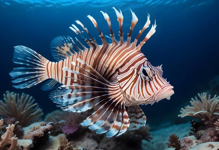 Lionfish Pterois volitans Dangerous Zebra Fish in Blue Ocean Water, Isolated on White Background