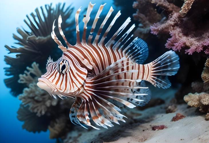 Lionfish Pterois volitans in Blue Sea Water Striped Zebra Fish, Dangerous Coral Reef Species Isol