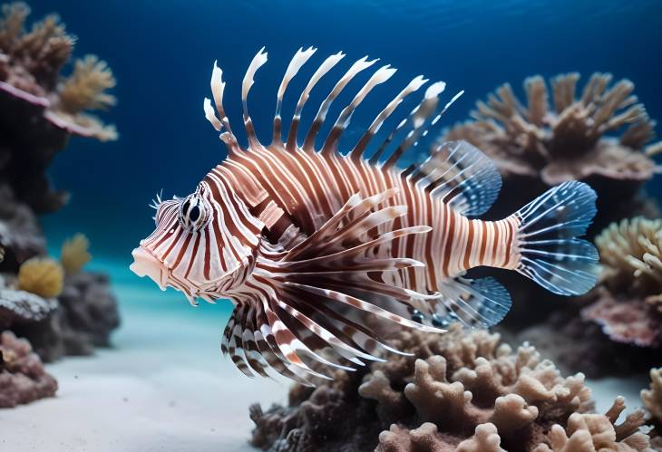 Lionfish Pterois volitans in Coral Reef Zebra Fish in Blue Water with White Background