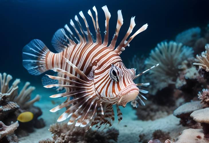 Lionfish Pterois volitans Striped Zebra Fish Dangerous Coral Reef Predator in Blue Ocean Water on